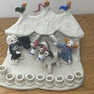 Handmade Studio Pottery Menorah Candle Holder Circus Big Top Clown 7x5x5 Signed